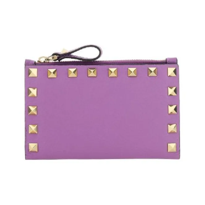 Valentino Rockstud Calfskin Wallet Coin Purses Card Holders Regular Women's Purple-0