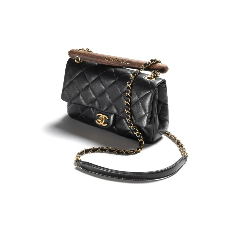 CHANEL Lambskin With Wooden Inlay Flap Bag, Crossbody Bag, Shoulder Bag Women's Black-1