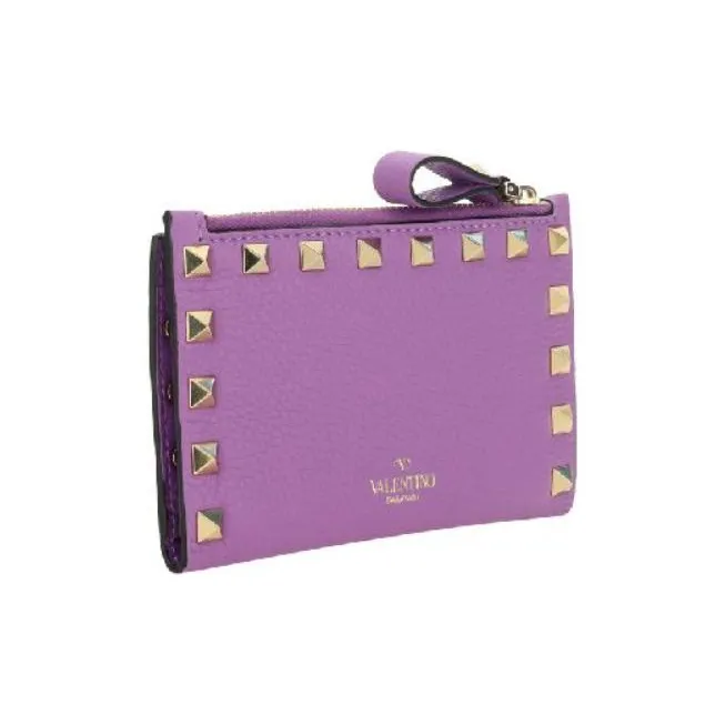 Valentino Rockstud Calfskin Wallet Coin Purses Card Holders Regular Women's Purple-1
