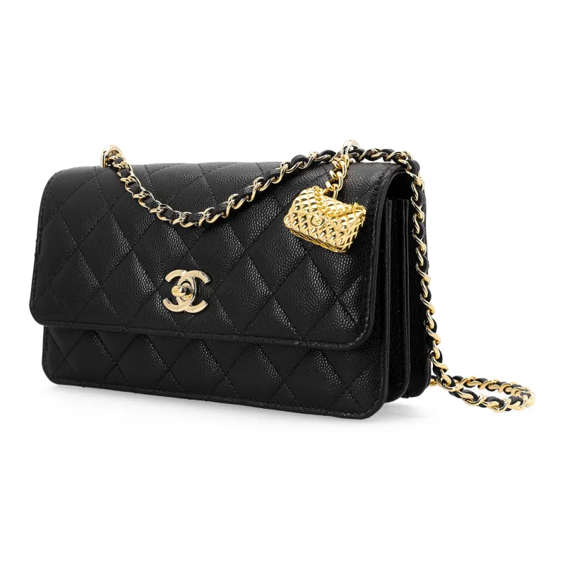 CHANEL WOC Litchi Grain Cow Leather Clutch Chain Bag Coin Purse Wallet Tubas Women's Black-1