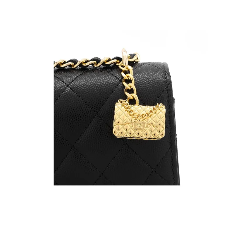 CHANEL WOC Litchi Grain Cow Leather Clutch Chain Bag Coin Purse Wallet Tubas Women's Black-4