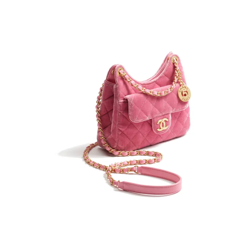 CHANEL Velvet Hobo Bag, Shoulder Bag, Crossbody Bag Trumpets Women's Pink-1