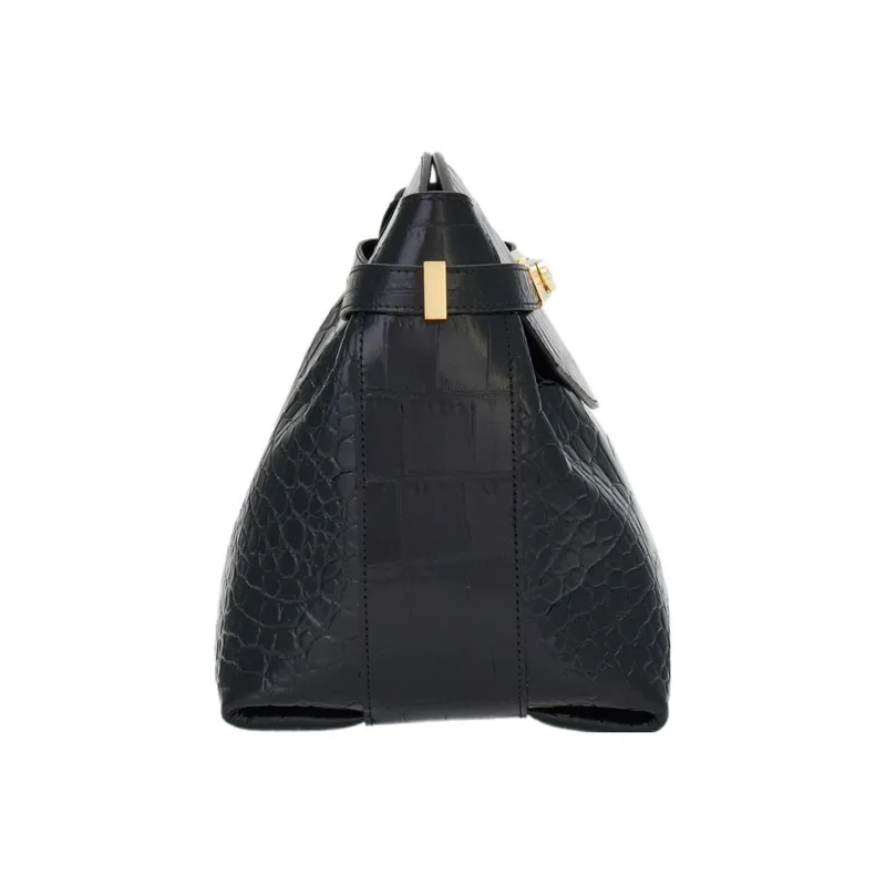 FERRAGAMO Crocodile Pattern Embossed Calfskin Handbag, Shoulder Bag, Crossbody Bag Large Size Women's Black-1