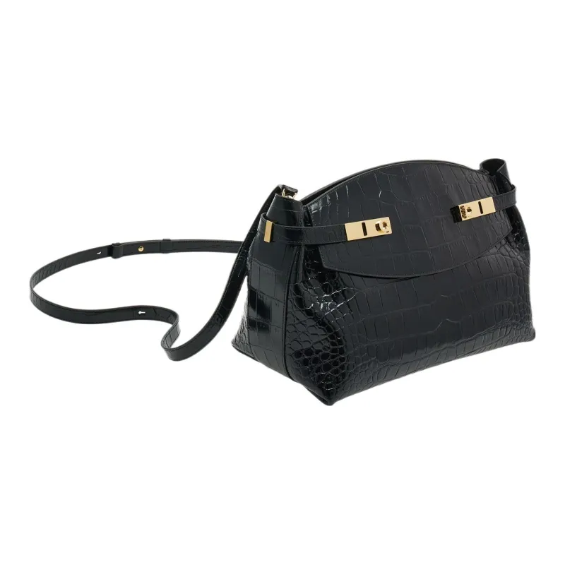 FERRAGAMO Crocodile Pattern Embossed Calfskin Handbag, Shoulder Bag, Crossbody Bag Large Size Women's Black-2