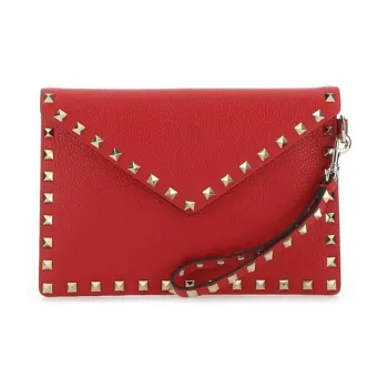 Valentino Rockstud Calfskin Wallet Clutch Women's Red