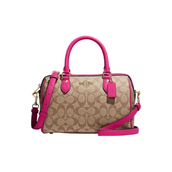 COACH Rowan Canvas With Leather Canvas Bag, Boston Bag, Handbag, Crossbody Bag Regular Women's Khaki & Cherry Red