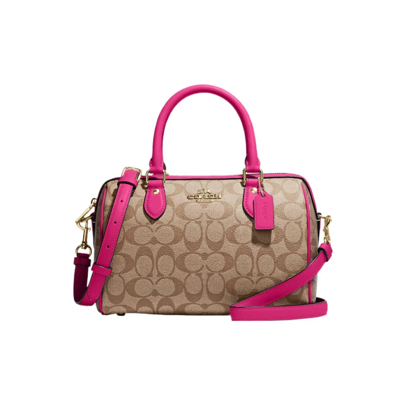COACH Rowan Canvas With Leather Canvas Bag, Boston Bag, Handbag, Crossbody Bag Regular Women's Khaki & Cherry Red-0