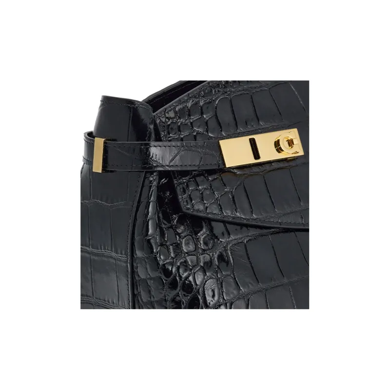 FERRAGAMO Crocodile Pattern Embossed Calfskin Handbag, Shoulder Bag, Crossbody Bag Large Size Women's Black-4