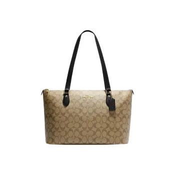 COACH Zip Top Tote Leather Canvas Bag, One Shoulder Handbag Regular Women's Khaki & Black