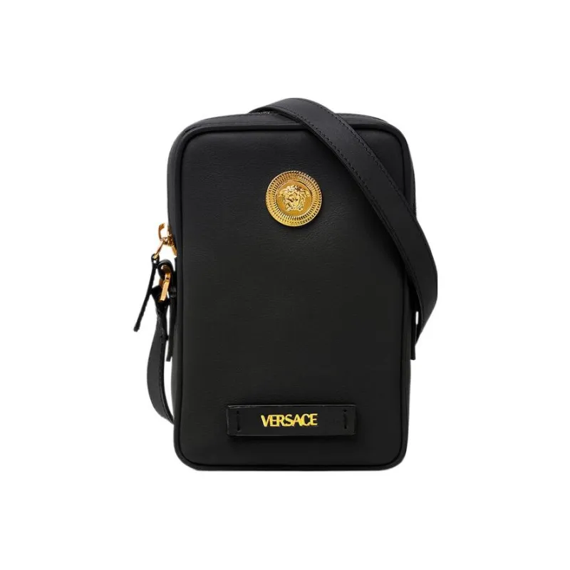 VERSACE La Medusa Cow Leather Shoulder Bag, Crossbody Bag Trumpets Men's Black-0