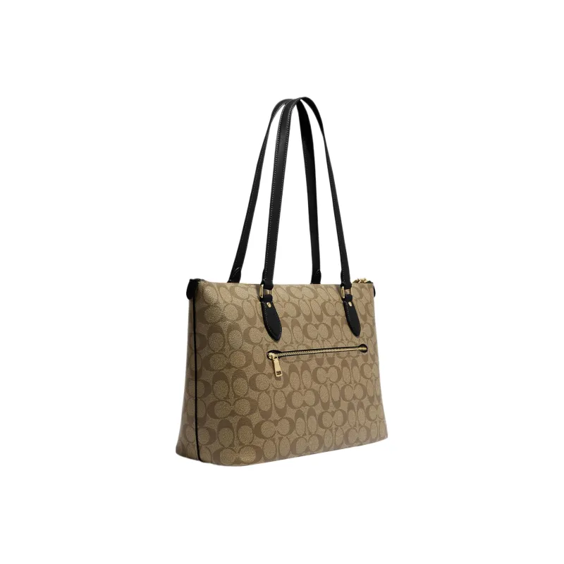 COACH Zip Top Tote Leather Canvas Bag, One Shoulder Handbag Regular Women's Khaki & Black-1