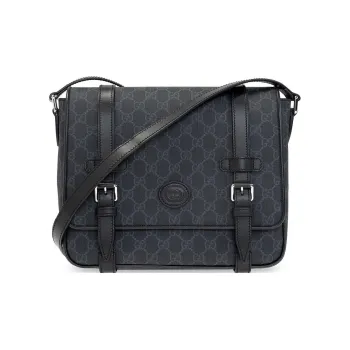 GUCCI Leather Messenger Bag Shoulder Bag Crossbody Bag Men's Black Gray Color