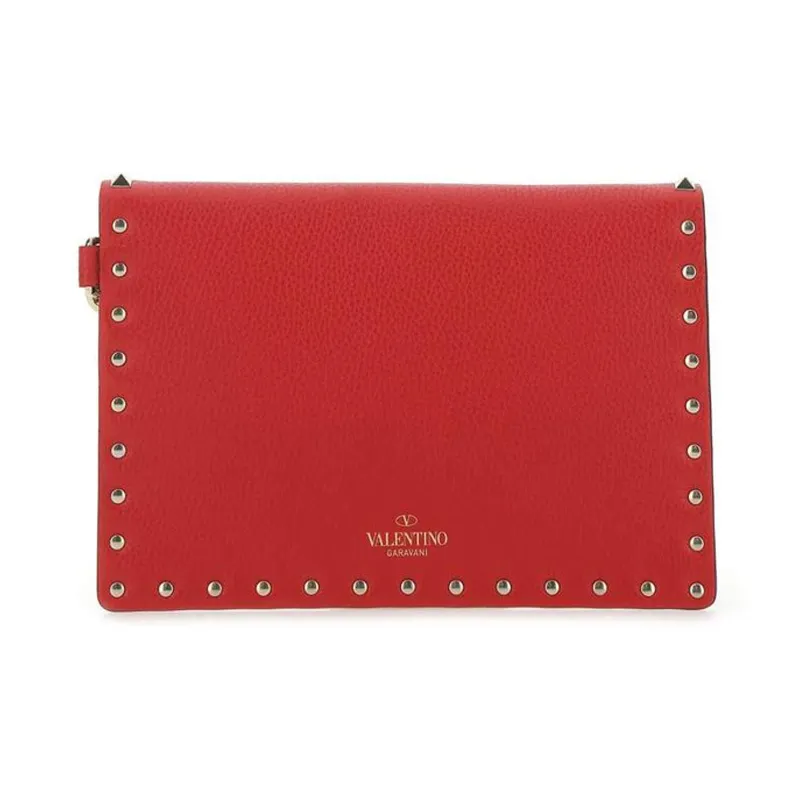 Valentino Rockstud Calfskin Wallet Clutch Women's Red-2