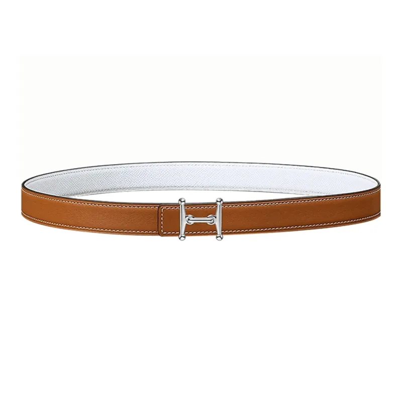 HERMES Two Tone Patchwork Silver Smooth Buckle Epsom Calfskin Double Sided Leather Belts Women's Brown Width 2.4cm-0