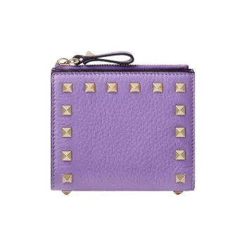 Valentino Rockstud Grained Calfskin Wallet Coin Purse Card Holder Small Size Women's Purple