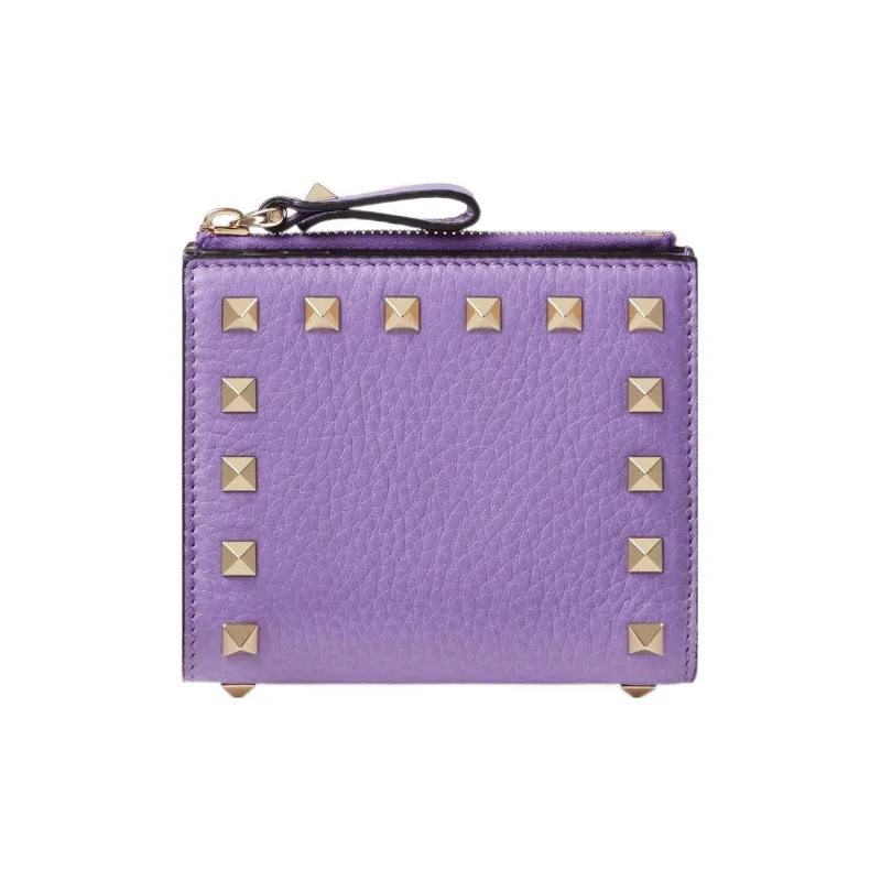 Valentino Rockstud Grained Calfskin Wallet Coin Purse Card Holder Small Size Women's Purple-0