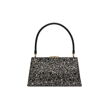 DIOR Rhinestone Embroidered Brocade Fabric Handbag Women's Black