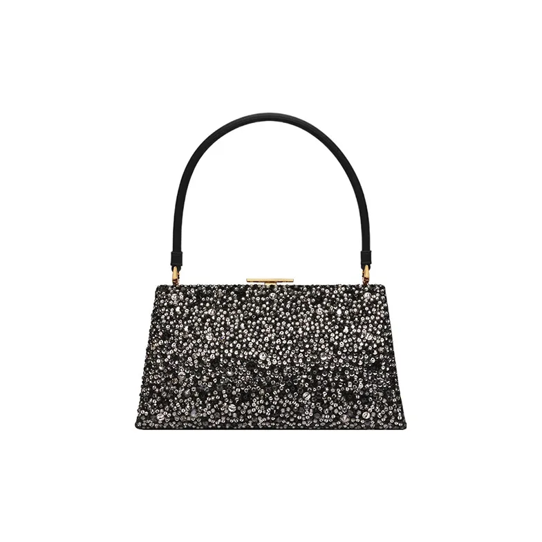 DIOR Rhinestone Embroidered Brocade Fabric Handbag Women's Black-0