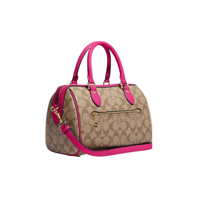 COACH Rowan Canvas With Leather Canvas Bag, Boston Bag, Handbag, Crossbody Bag Regular Women's Khaki & Cherry Red-1