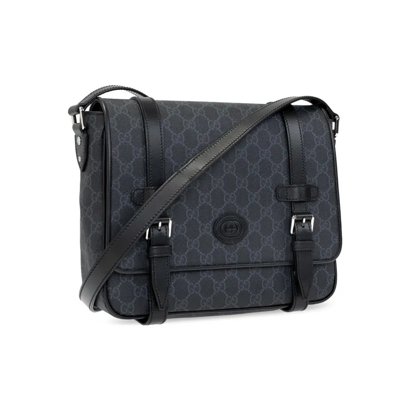 GUCCI Leather Messenger Bag Shoulder Bag Crossbody Bag Men's Black Gray Color-1
