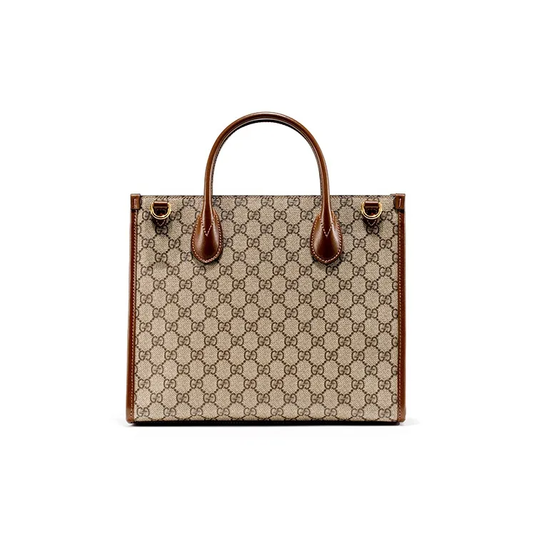 GUCCI Canvas With Leather Totes Shopping Bag Shoulder Bag Crossbody Bag Handbag Small Size Unisex Ebony/Brown-4