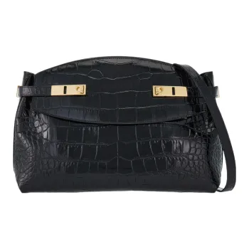FERRAGAMO Crocodile Pattern Embossed Calfskin Handbag, Shoulder Bag, Crossbody Bag Large Size Women's Black
