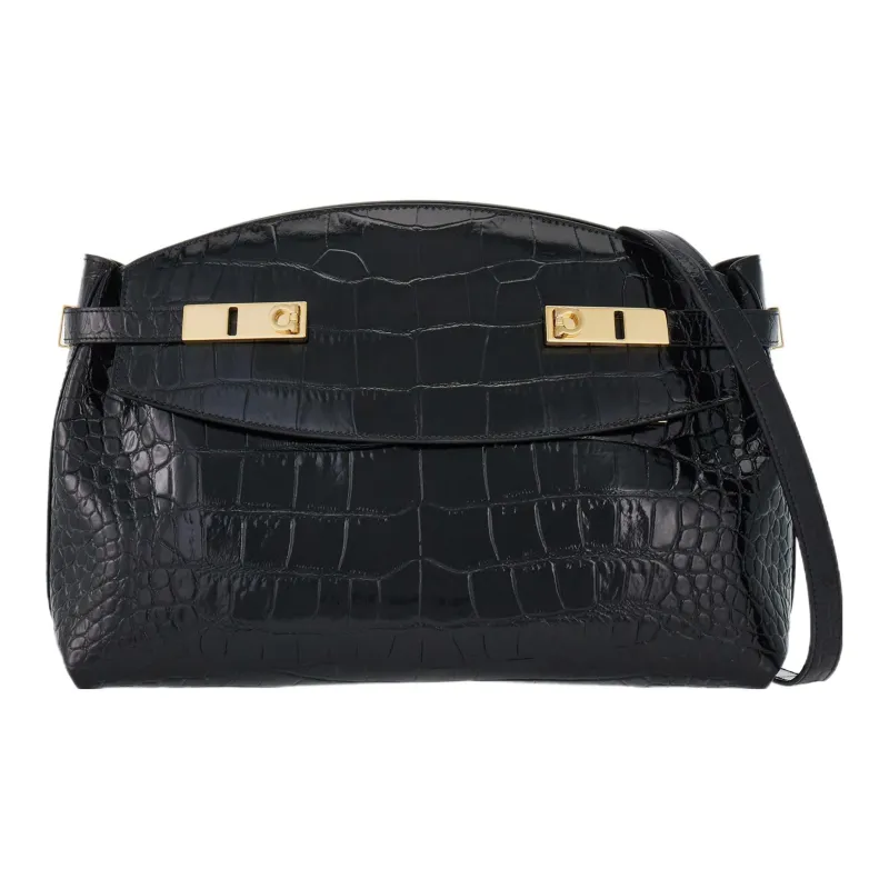 FERRAGAMO Crocodile Pattern Embossed Calfskin Handbag, Shoulder Bag, Crossbody Bag Large Size Women's Black-0