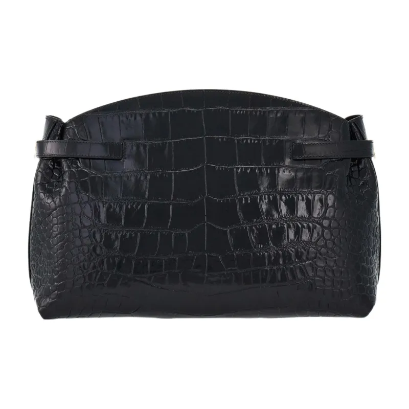 FERRAGAMO Crocodile Pattern Embossed Calfskin Handbag, Shoulder Bag, Crossbody Bag Large Size Women's Black-3