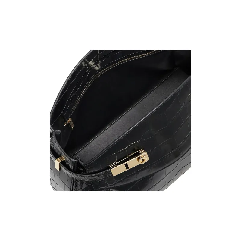 FERRAGAMO Crocodile Pattern Embossed Calfskin Handbag, Shoulder Bag, Crossbody Bag Large Size Women's Black-5
