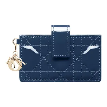 DIOR Lady Dior Patent Leather Cowhide Card Clip Card Holder Regular Women's Deep Sea Blue