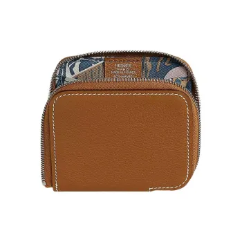 HERMES Silk'In Evercolor With Barenia Calfskin Coin Purse Women's Gold/Blue Marine Blue