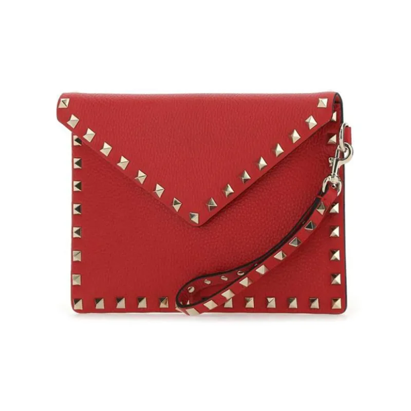 Valentino Rockstud Calfskin Wallet Clutch Women's Red-1
