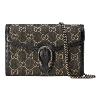 GUCCI Dionysus Denim Jacquard Fabric With Leather Chain Wallet, Crossbody Bag, Shoulder Bag Women's Black