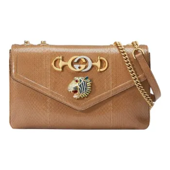 GUCCI Rajah Snake Skin Shoulder Bag Crossbody Bag Medium Size Women's Brown