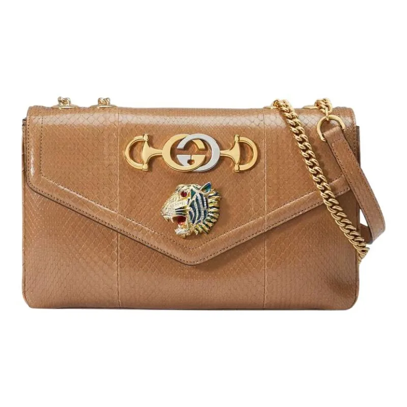 GUCCI Rajah Snake Skin Shoulder Bag Crossbody Bag Medium Size Women's Brown-0