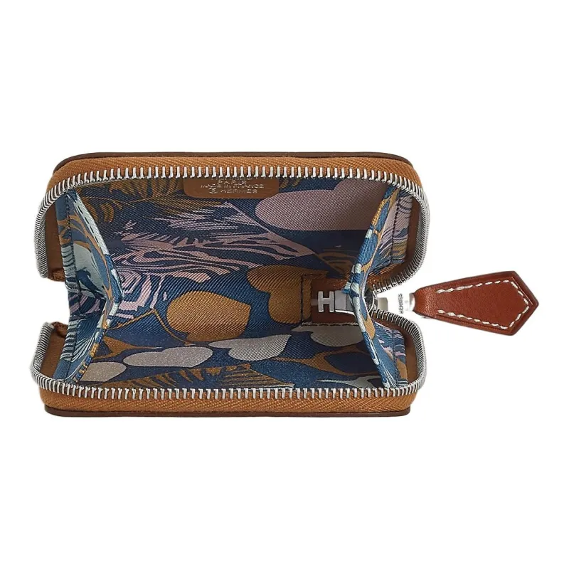 HERMES Silk'In Evercolor With Barenia Calfskin Coin Purse Women's Gold/Blue Marine Blue-1