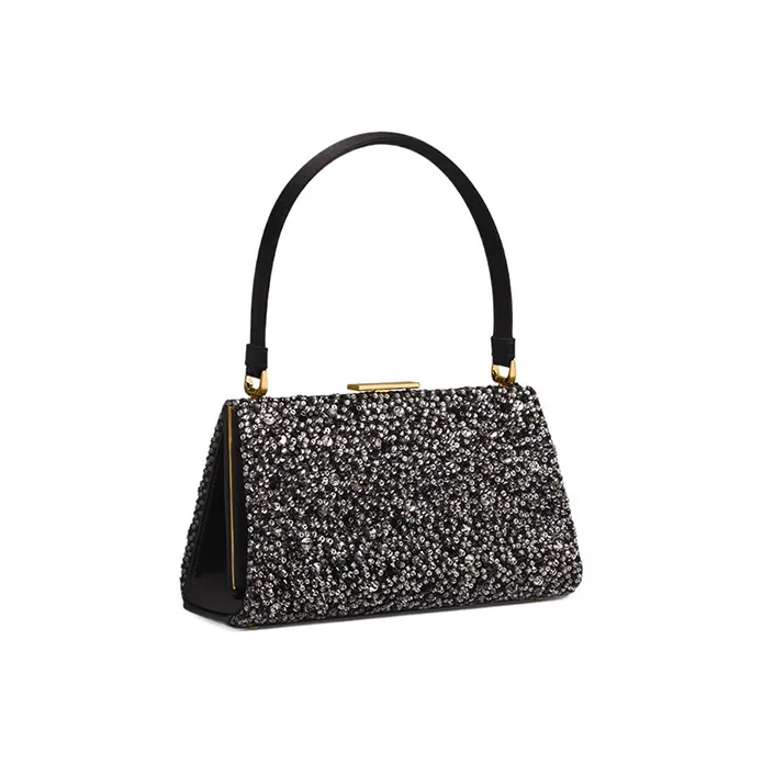 DIOR Rhinestone Embroidered Brocade Fabric Handbag Women's Black-1