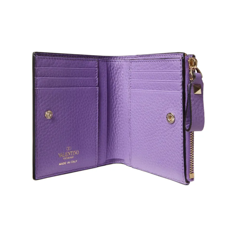 Valentino Rockstud Grained Calfskin Wallet Coin Purse Card Holder Small Size Women's Purple-3