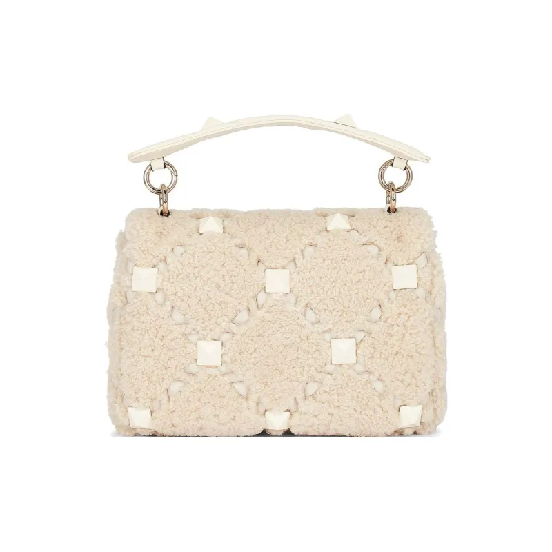 Valentino Shearling Crossbody Bag Handbag Shoulder Bag Medium Size Women's Ivory-2