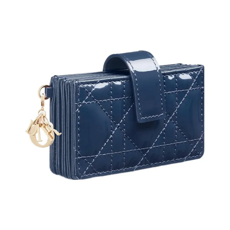 DIOR Lady Dior Patent Leather Cowhide Card Clip Card Holder Regular Women's Deep Sea Blue-1