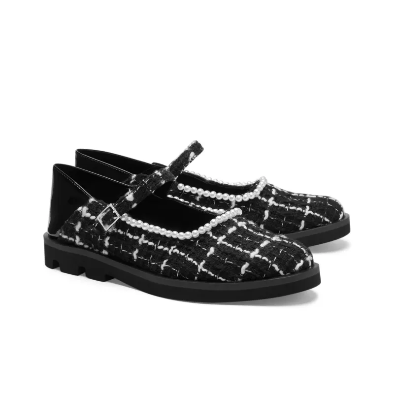 CHARLES&KEITH Mary Jane Shoes Women's Low Top Black Textured/Black/Maroon-1