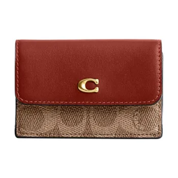COACH Trifold Wallet Coated Canvas With Calfskin Coin Purses Wallets Regular Women's Brown & Khaki