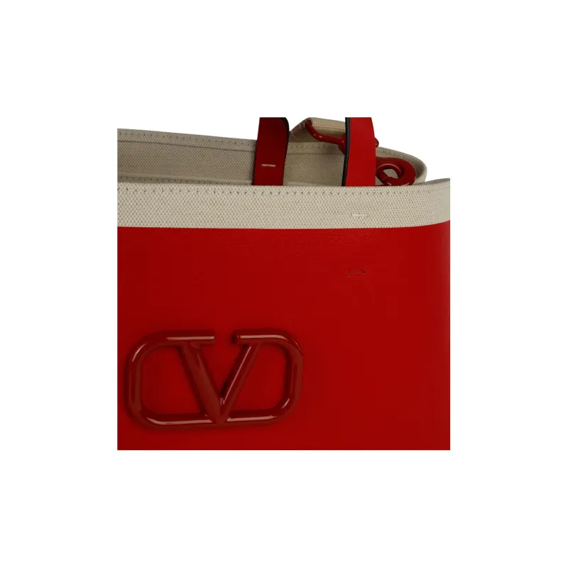 Valentino Vlogo Leather Tote Bag Shopping Bag Handbag Regular Women's Red/Natural-3