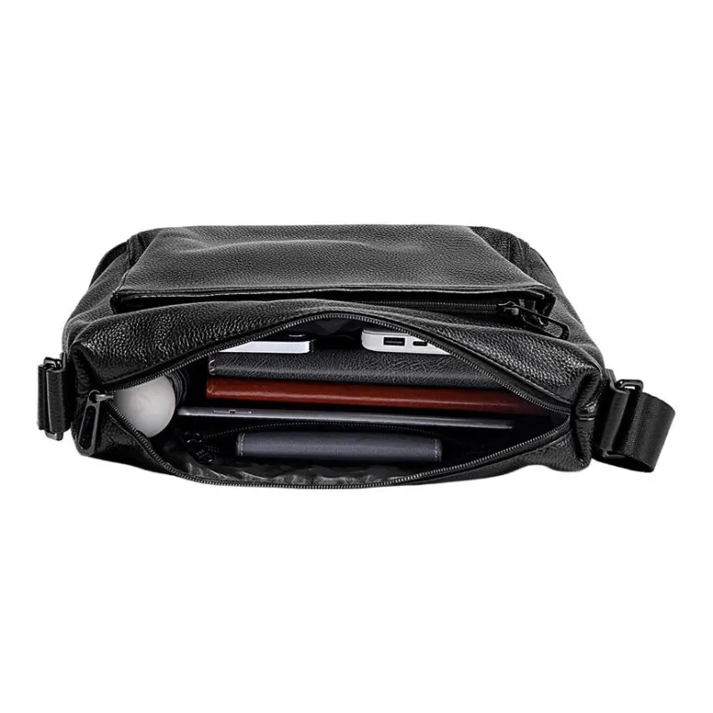 BJIAX Top Grain Cow Leather Crossbody Bag Men's Black-4