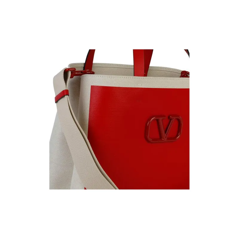 Valentino Vlogo Leather Tote Bag Shopping Bag Handbag Regular Women's Red/Natural-4