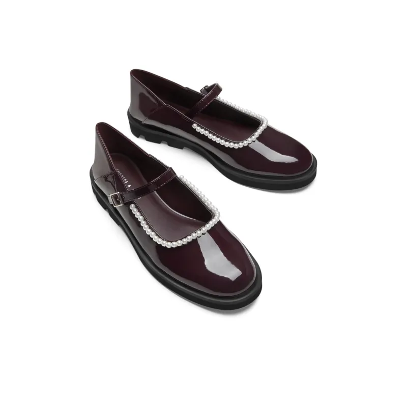 CHARLES&KEITH Mary Jane Shoes Women's Low Top Black Textured/Black/Maroon-7