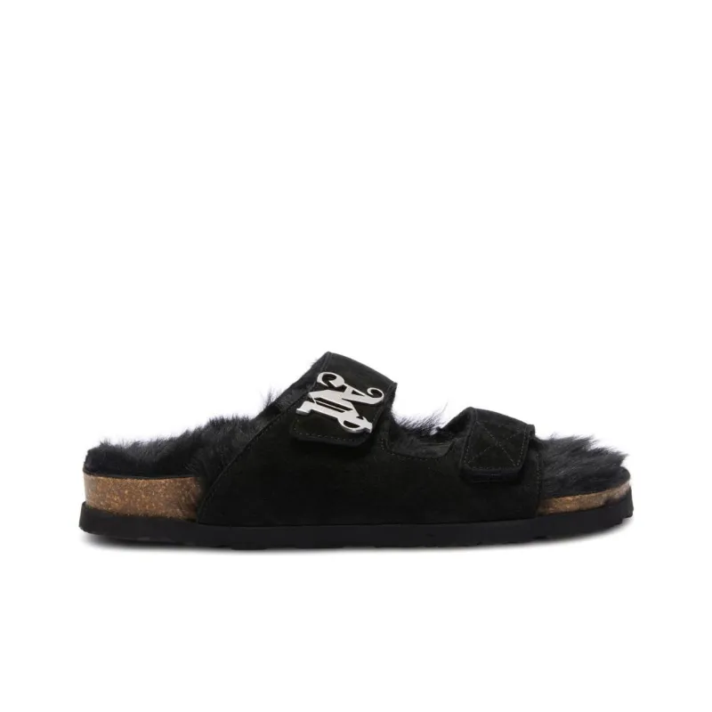 PALM ANGELS Monogram plaque Faux fur Sandals-1