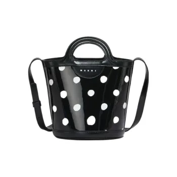 MARNI TROPICALIA Patent Leather Bucket Bag, Portable Crossbody Bag, Shoulder Bag Mini Women's Black & White