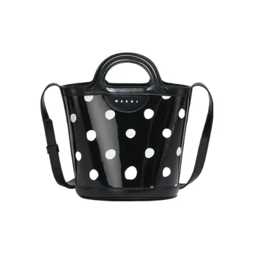MARNI TROPICALIA Patent Leather Bucket Bag, Portable Crossbody Bag, Shoulder Bag Mini Women's Black & White