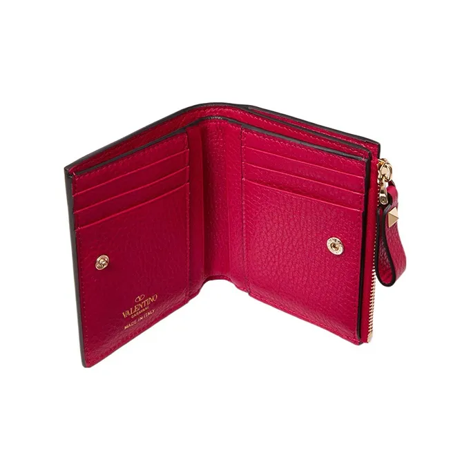 Valentino Rockstud Grained Calfskin Wallet Coin Purse Card Holder Small Size Women's Rose Red-3